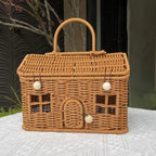 Imitation Rattan House Shaped Basket With Lid Handle Decorative Hand Woven Shelf Portable  Organizer Home Decor Storage Baskets