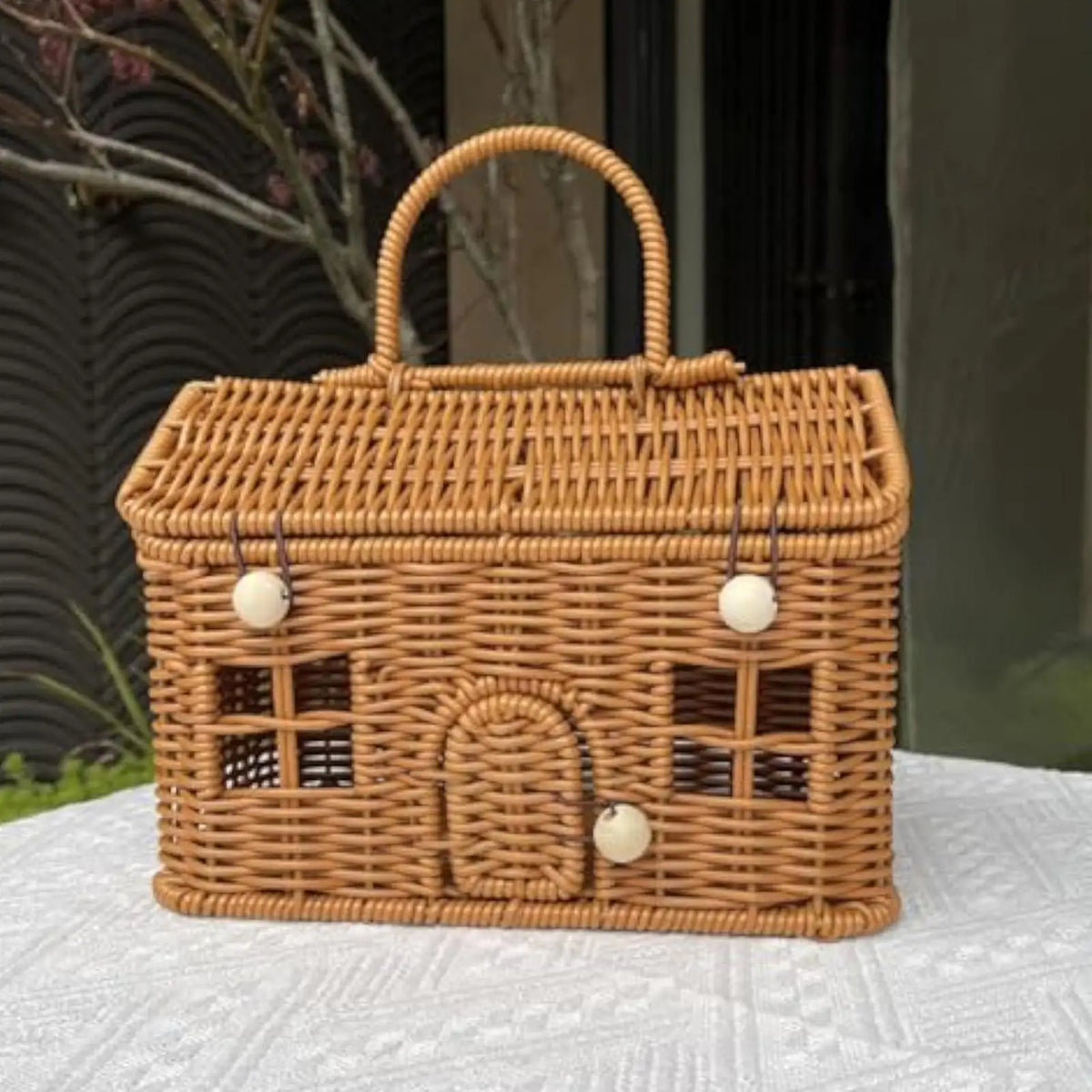 Imitation Rattan House Shaped Basket With Lid Handle Decorative Hand Woven Shelf Portable  Organizer Home Decor Storage Baskets