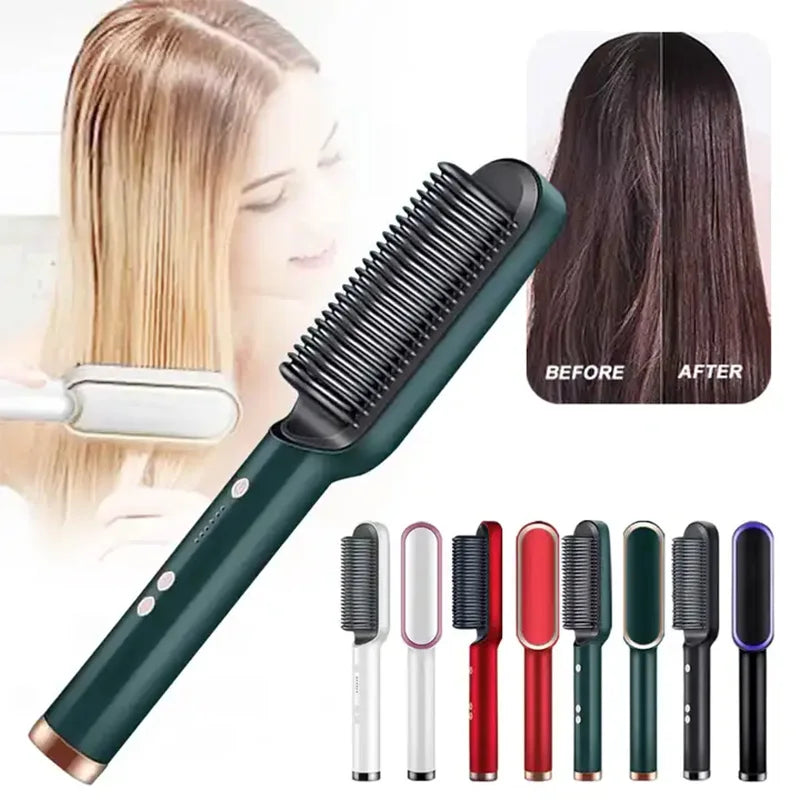 Electric PTC Heat Straightening Brush One Step Hair Dryer 3 In 1 Ceramic Flat Iron Women Hair Straightener Comb And Curling