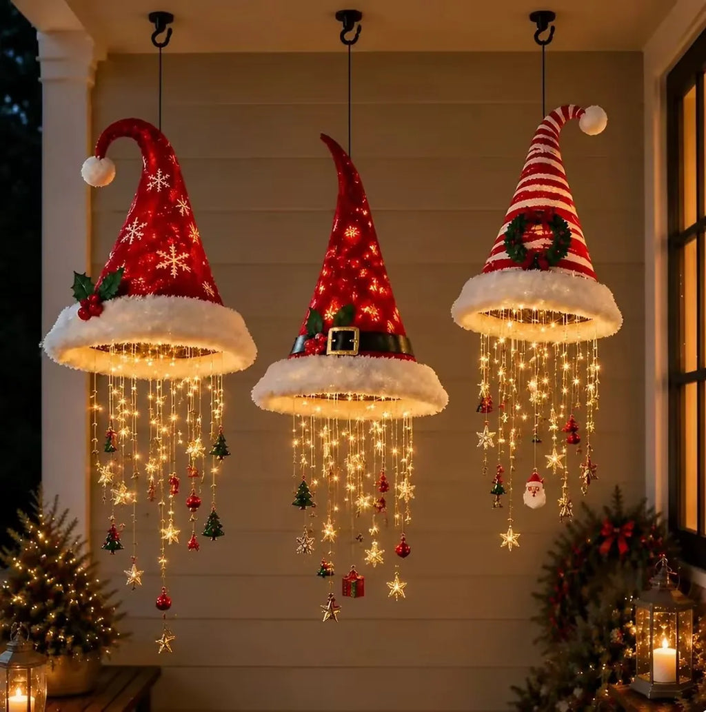 Christmas Santa Hat Chandelier DIY Lighted Hanging Chandelier Xmas Ornaments Glow in the Dark New Year Festive Party Decoration