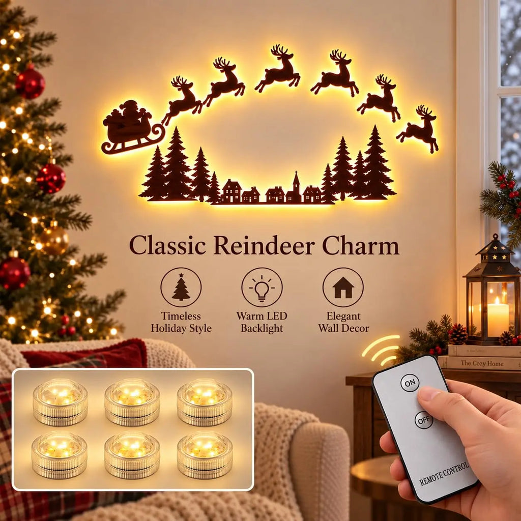 Lighted Santa Sleigh Reindeer Christmas Wall Decor Remote Set,Warm white glow, wooden cutout design, flexible layout