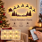 Lighted Santa Sleigh Reindeer Christmas Wall Decor Remote Set,Warm white glow, wooden cutout design, flexible layout