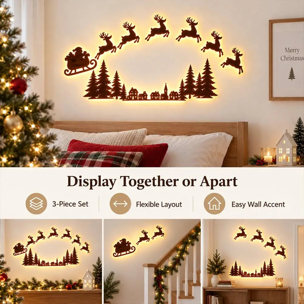 Lighted Santa Sleigh Reindeer Christmas Wall Decor Remote Set,Warm white glow, wooden cutout design, flexible layout
