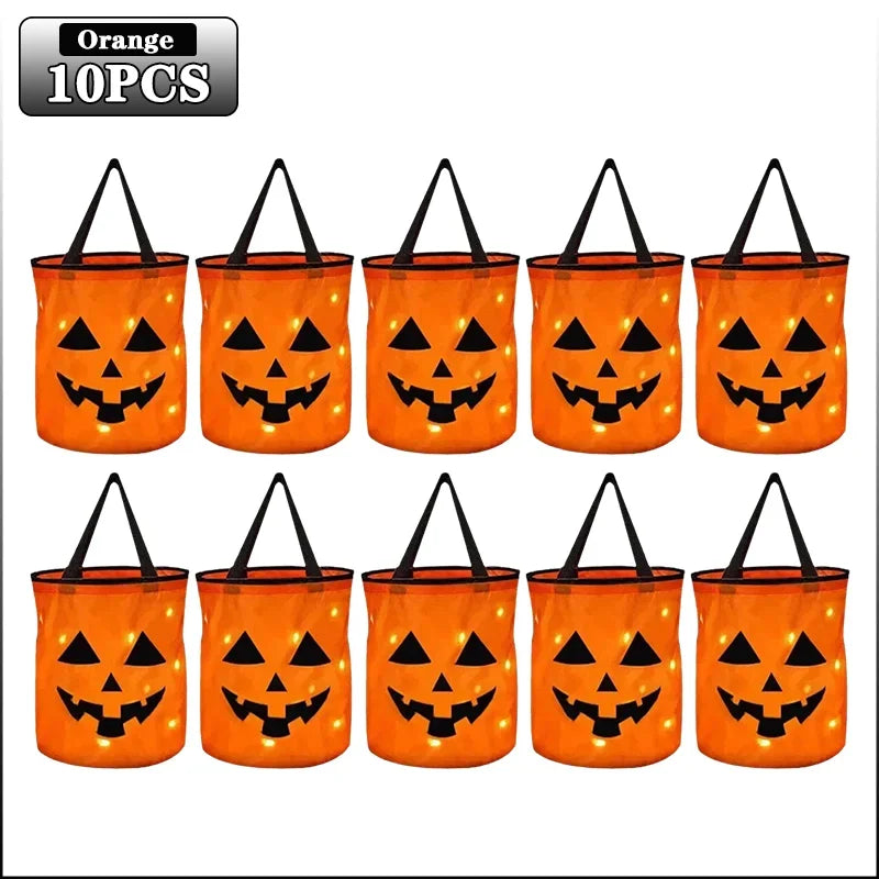 1-20PCS Halloween Pumpkin Tote Bag LED Light Up Handle Reusable Trick or Treat Candy Bag for Kids Party Decor Gift Present