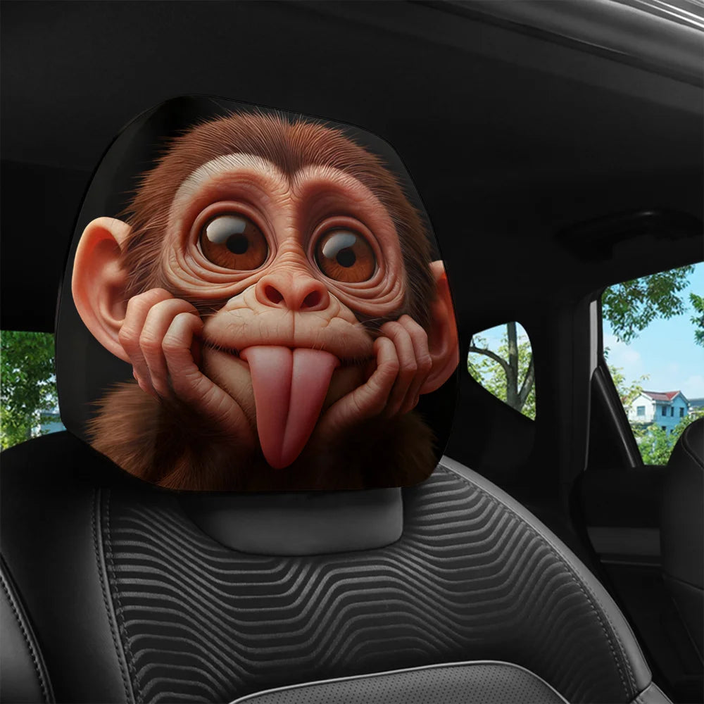 Cute and funny tongue-sticking macaque breathable car headrest cover 2pcs, festival gift, car interior parts, flexible design