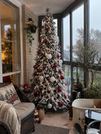 Flocked PVC Christmas Tree 1.5/1.8/2.1M Pre‑Attached Baubles, Foldable Xmas Tree with USB String Lights for Home Holiday Decor