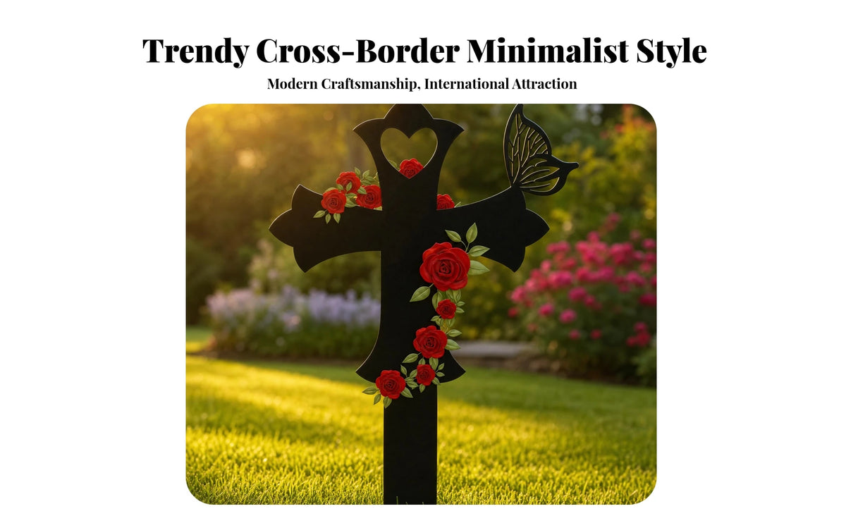 Cross Memorial Stake Outdoor Use Rose Memorial Stake Metal Grave Marker Easy Ground Insert Sympathy Gift for Courtyard
