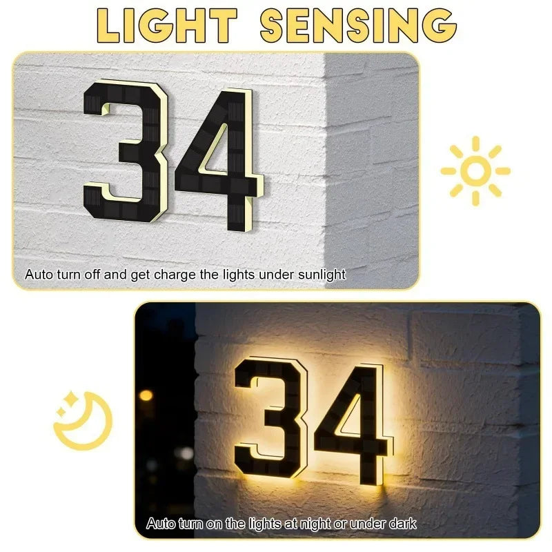 LED Solar House Number Light Waterproof Address Plate with Light Sensor for Home Entrance Yard Wall Outdoor Decoration