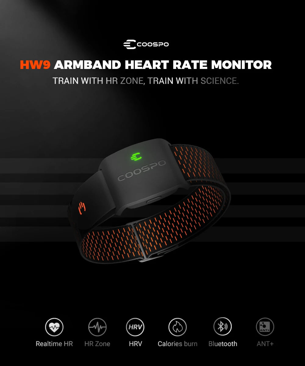 COOSPO HW9 Armband Heart Rate Monitor with HR Zones/Calories HRM Sensor for Fitness Cycling BLE5.0 ANT+ for Peloton,Zwift,Wahoo