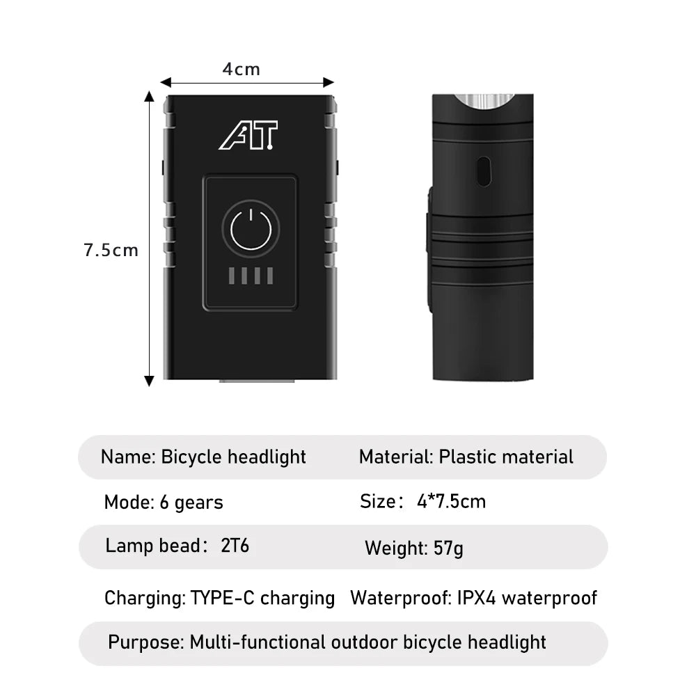 2 T6 Bicycle Front Light Type-C Charging Bicycle Headlight MTB Road Bike Headlamp for Night Riding Safety Cycling Accessories