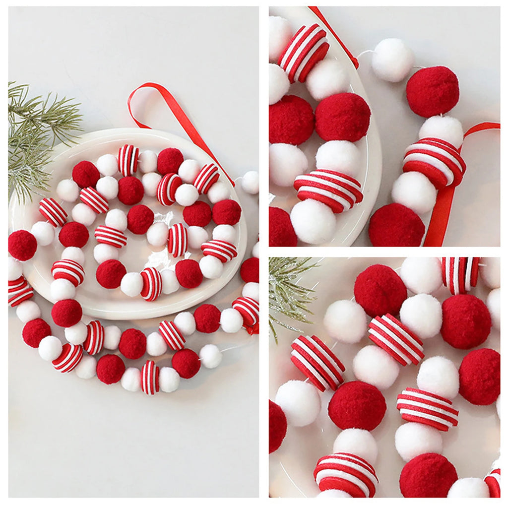 Christmas Felt Ball Garland Red＆White Candy Ball Pom Pom Garlands for Xmas Tree Festive Mantle Wall Fireplace Hanging Decor