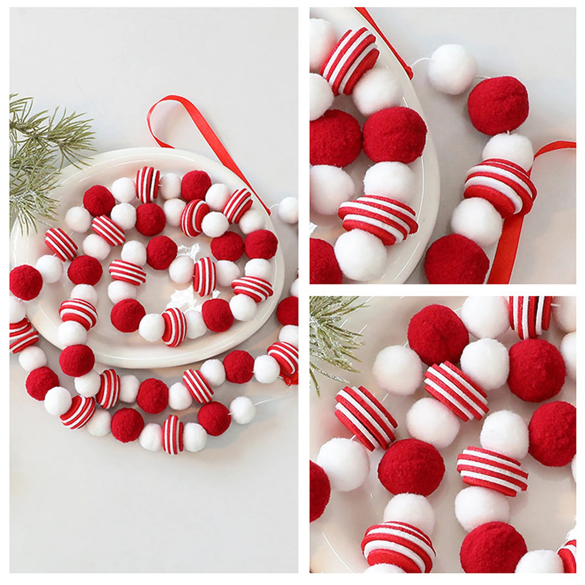 Christmas Felt Ball Garland Red＆White Candy Ball Pom Pom Garlands for Xmas Tree Festive Mantle Wall Fireplace Hanging Decor