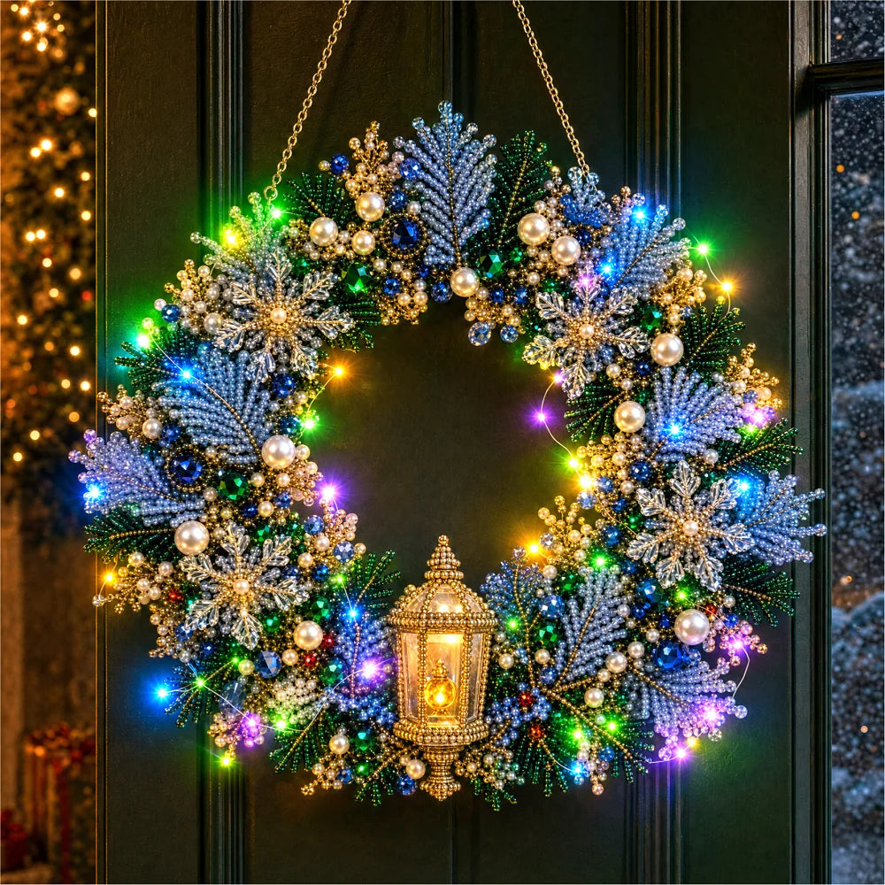DIY Diamond Art Christmas Wreath 25cm With LED String Light Double‑Sided Printed One Side Diamond Sticking Xmas Hanging Wreath