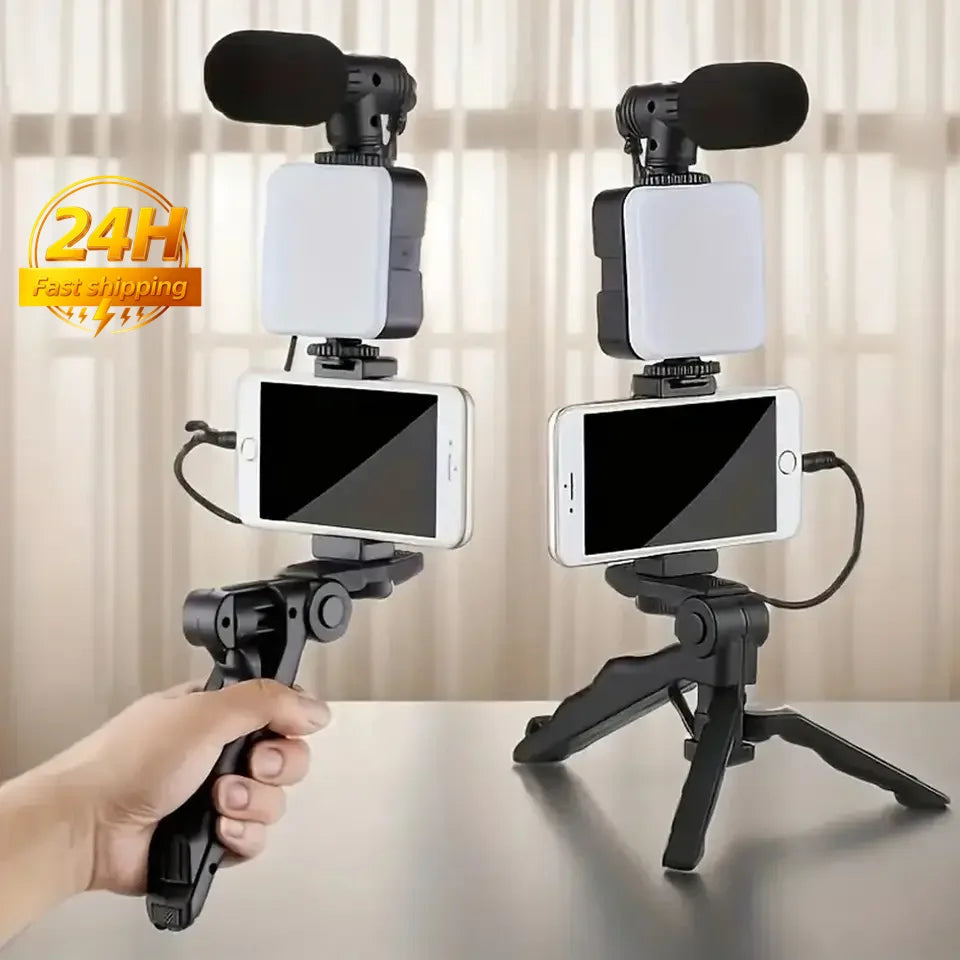 Smartphone Vlogging Kit With Tripod Phone Holder Mini Microphone LED