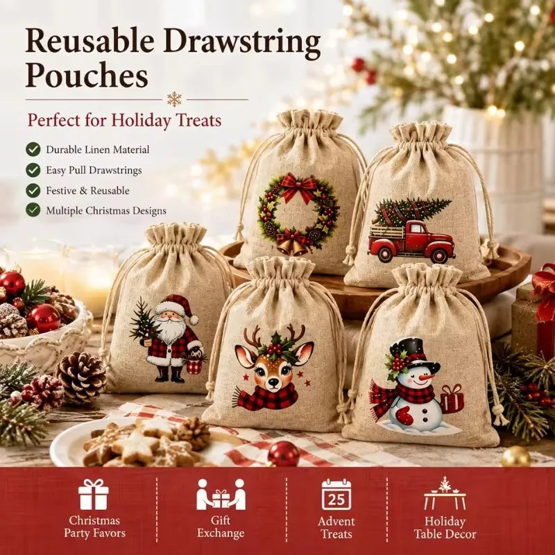 5/12 Pack Christmas Burlap Gift Bags Reusable Drawstring 5 Designs