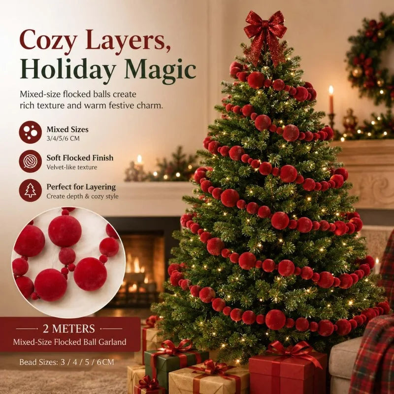 2Meters Xmas Hanging Pendant Red White Felt Ball Garland Ornaments DIY Christmas Tree Window Bead Chain Decoration Supplies