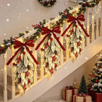 50cm LED Artificial Garland Stair Wreath Red Bow Knot Prelit Christmas Wreath Garland Pine/Bow for Front Door Wall Window Stair