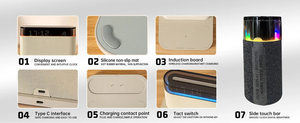 6-in-1 Bluetooth Alarm Clock – Wireless Charger, Speaker Night Light (3 Colors) for IPhone, Apple Watch, AirPods  iphone charger