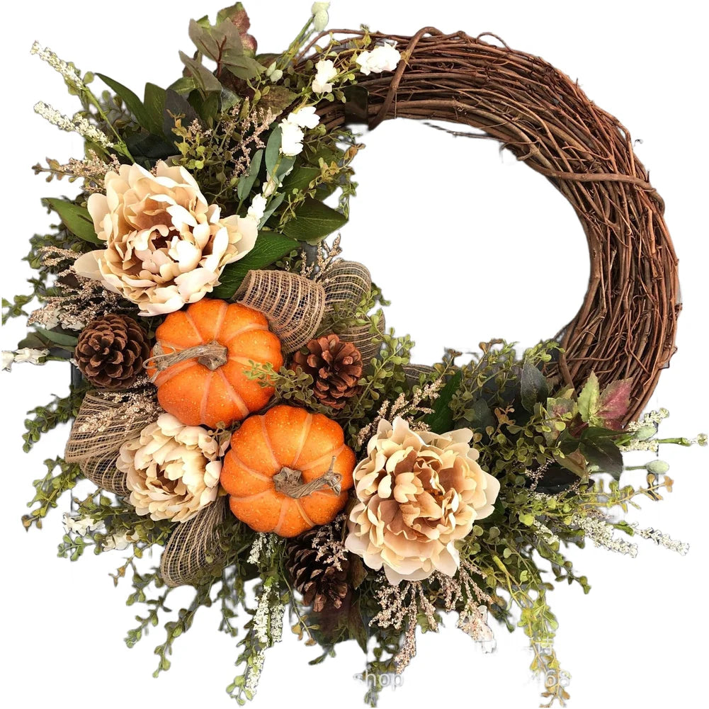 Autumn Door Wreath with Pumpkin Maple Leaf Eucalyptus Berries for Harvest Thanksgiving Season Wall Decor 45cm Orange