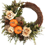 Autumn Door Wreath with Pumpkin Maple Leaf Eucalyptus Berries for Harvest Thanksgiving Season Wall Decor 45cm Orange