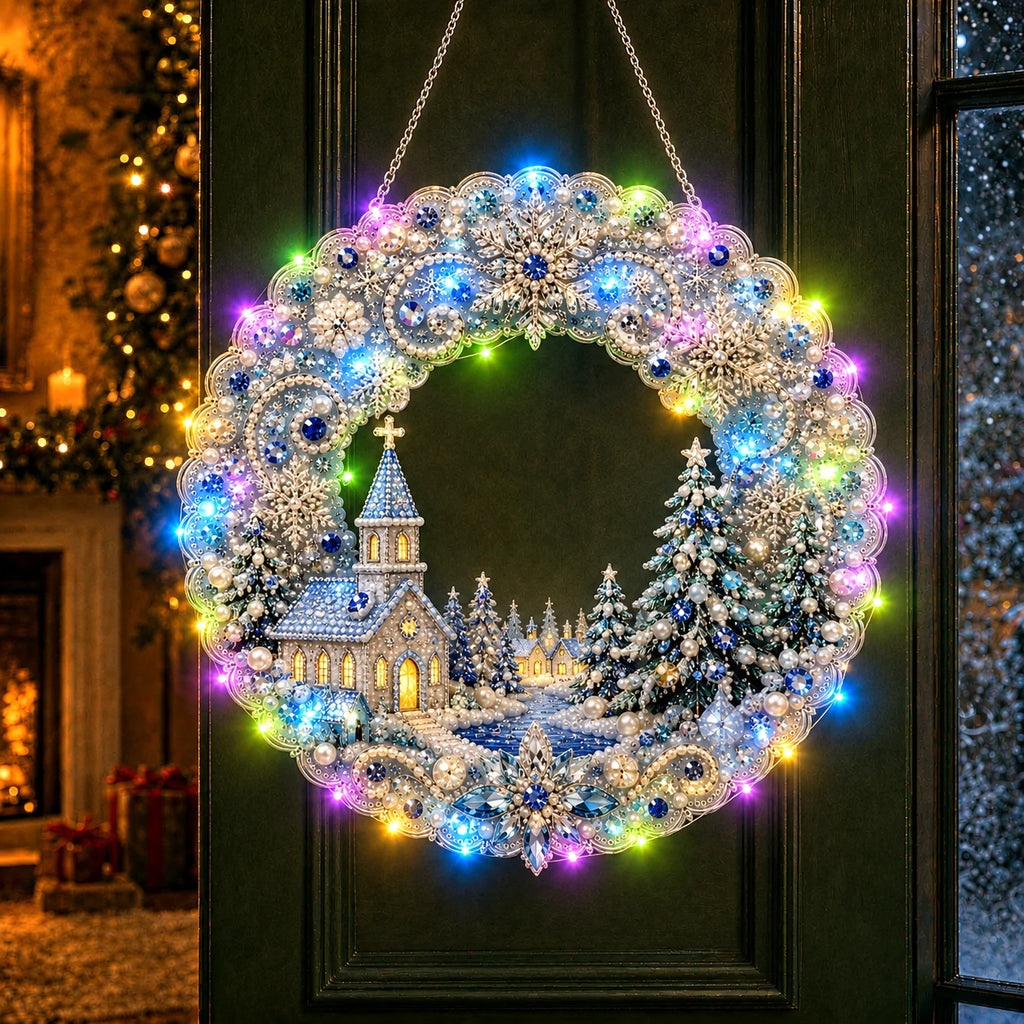 DIY Diamond Art Christmas Wreath 25cm With LED String Light Double‑Sided Printed One Side Diamond Sticking Xmas Hanging Wreath