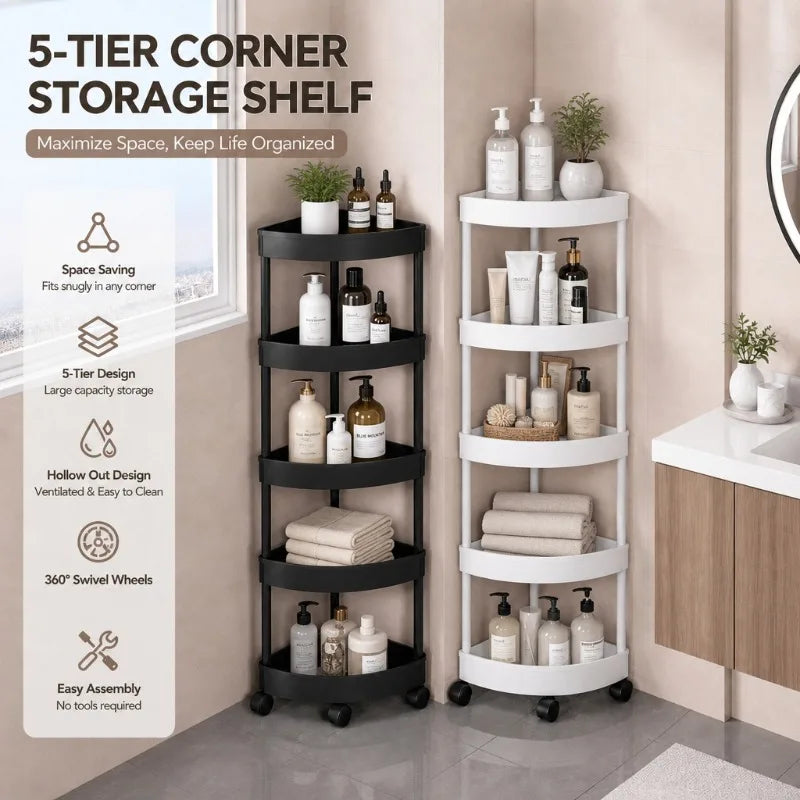 5 layer triangular cornerStorage Shelf, bathroom Storage Rack, 360 degree rotatable for bedrooms bathrooms kitchens living rooms