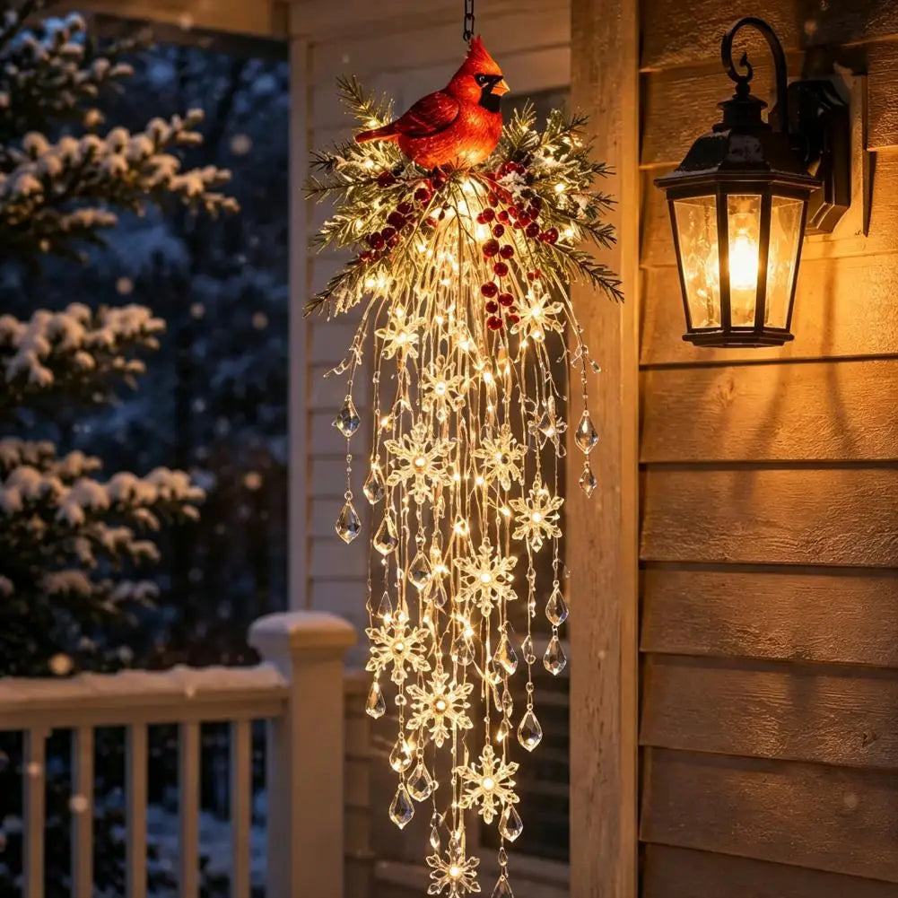 Crystal Waterfall Christmas Lights, LED Warm White Snowman Christmas Pendant Light with Crystal Snowflake Droplets Home Decor