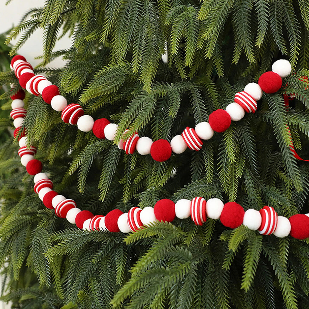 Christmas Felt Ball Garland Red＆White Candy Ball Pom Pom Garlands for Xmas Tree Festive Mantle Wall Fireplace Hanging Decor
