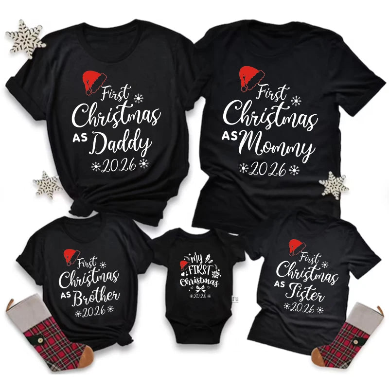 First Christmas As Daddy Mommy Brother Sister 2026 Family Matching Outfits Santa Hat Print Family Look Xmas T‑Shirt Baby Romper