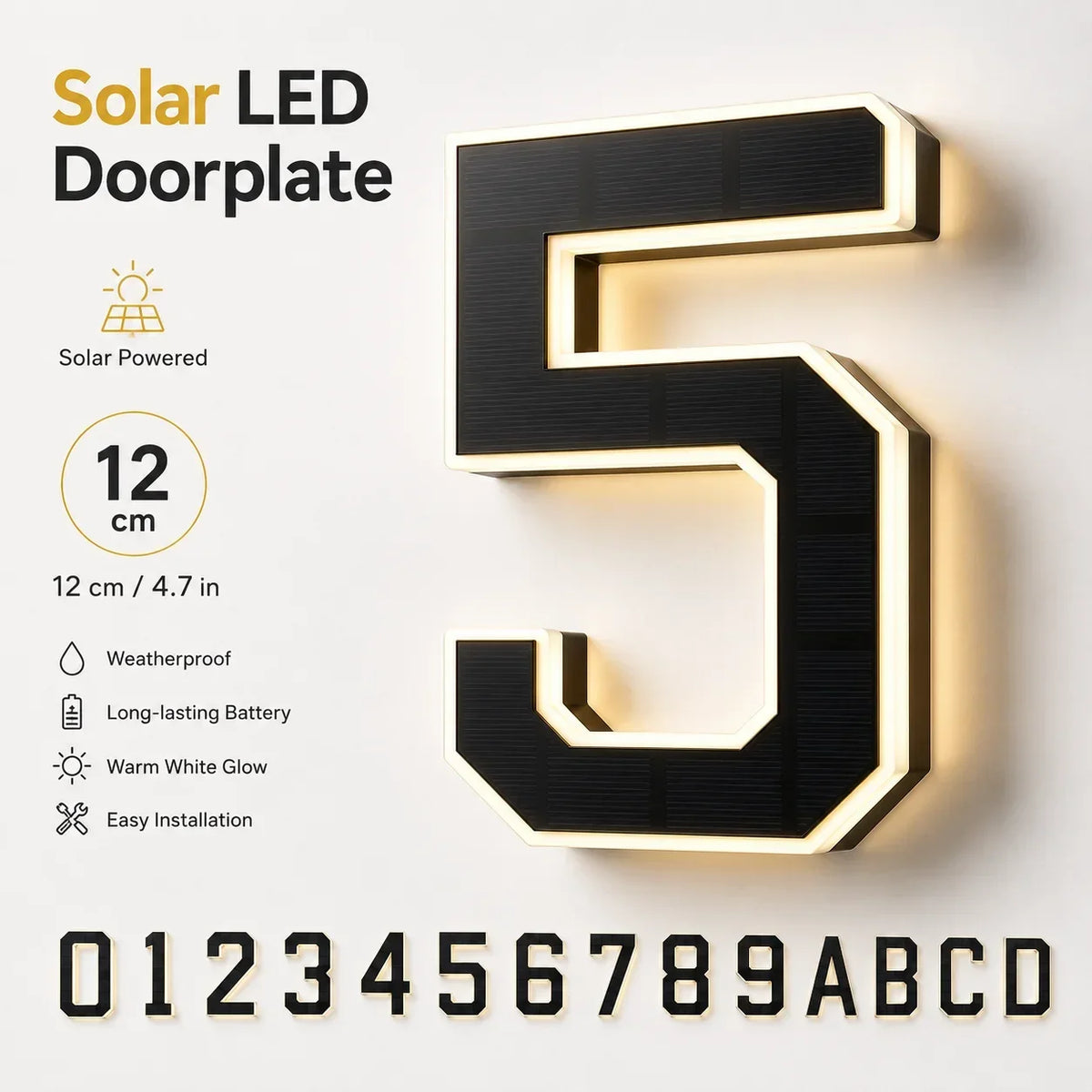 LED Solar House Number Light Waterproof Address Plate with Light Sensor for Home Entrance Yard Wall Outdoor Decoration