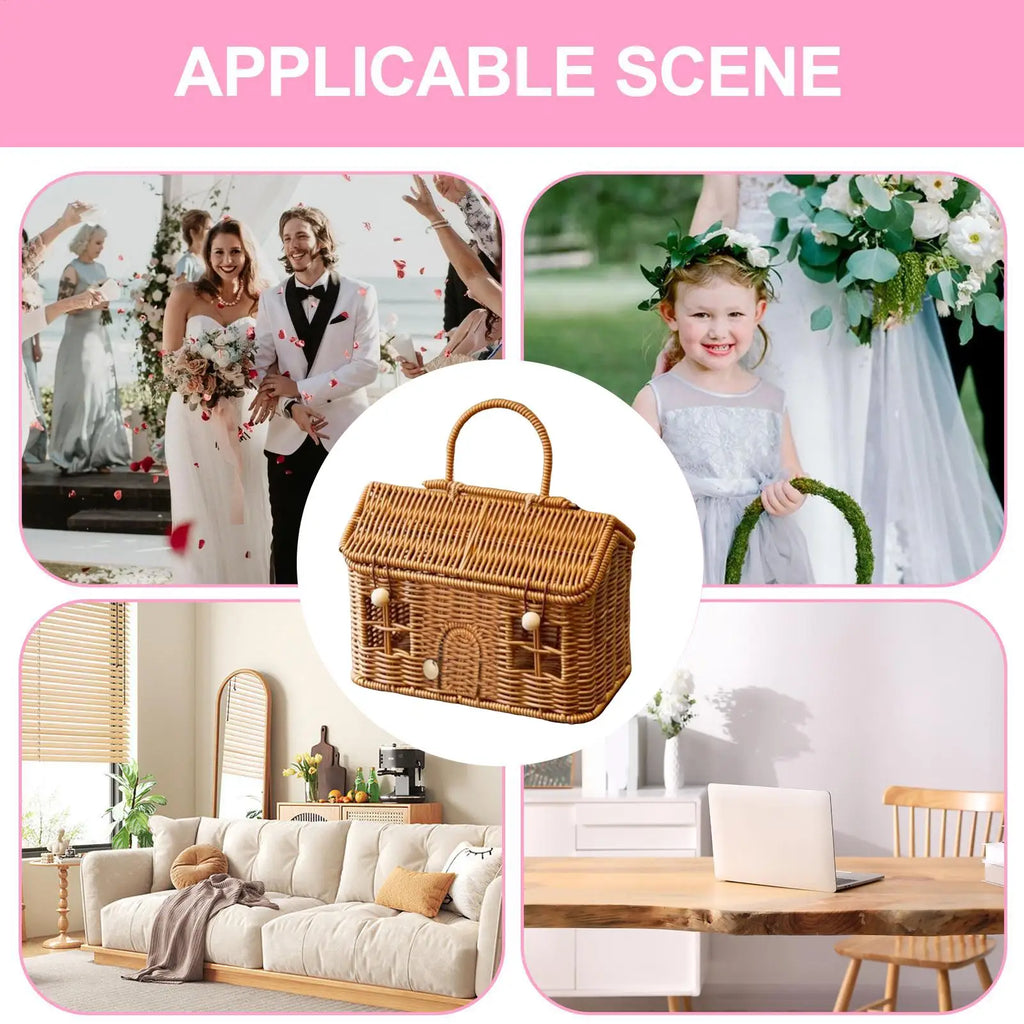 Imitation Rattan House Shaped Basket With Lid Handle Decorative Hand Woven Shelf Portable  Organizer Home Decor Storage Baskets