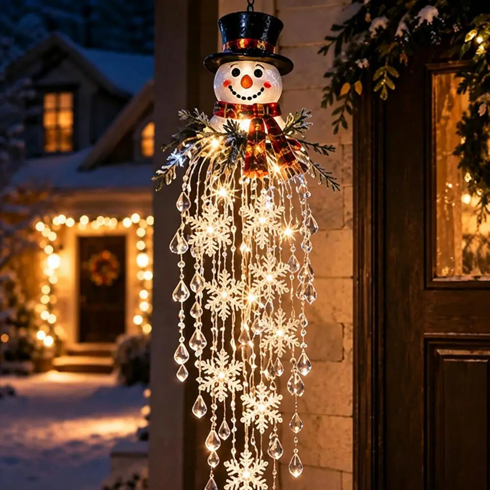 Crystal Waterfall Christmas Lights, LED Warm White Snowman Christmas Pendant Light with Crystal Snowflake Droplets Home Decor