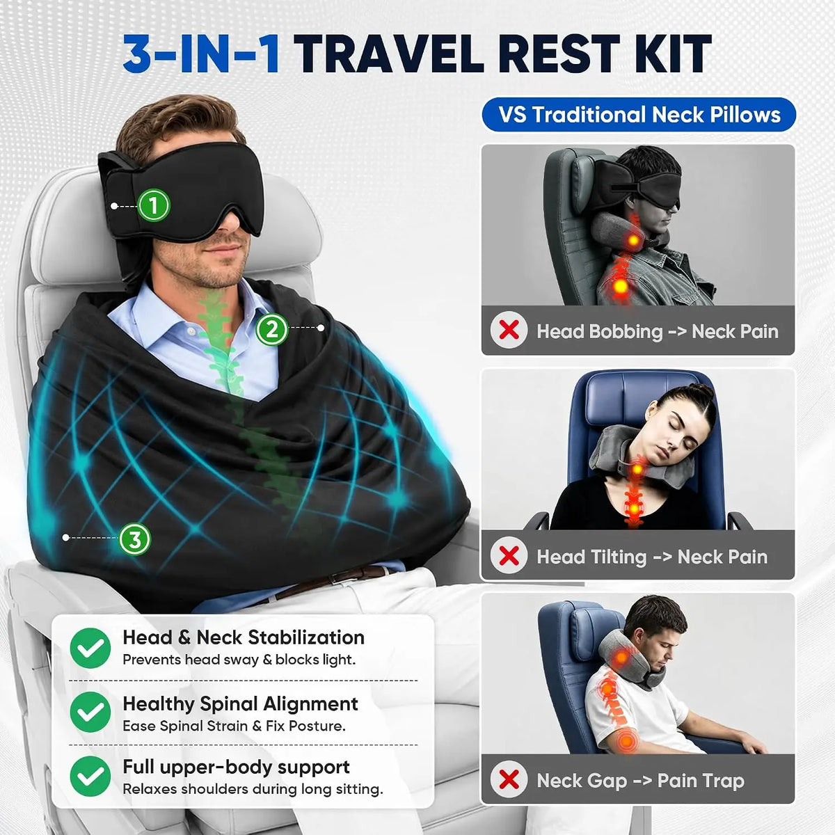 3-in-1 Adjustable EyeMask Airplane Sleep Support System Travel Pillow Multi-Use Office And Home Comfortable Pillow for Traveling