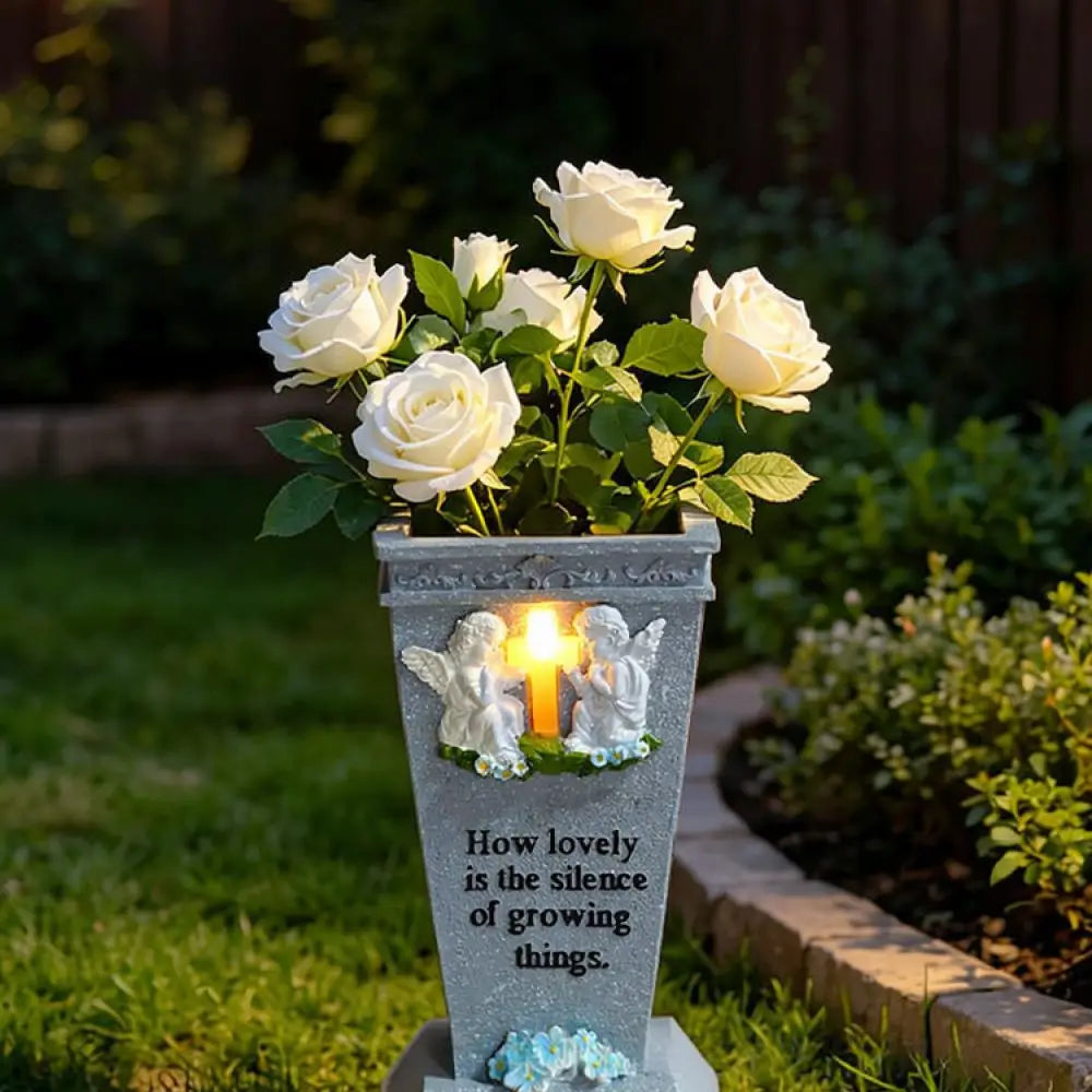 Solar LED Cross Grave Vase Outdoor Commemorative Flower Holder Garden Cemetery Memorial Decoration Light Ornament Base