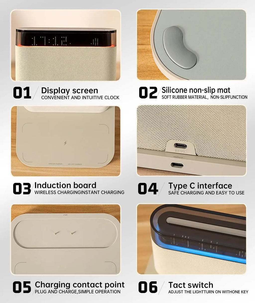 6-in-1 Bluetooth Alarm Clock – Wireless Charger, Speaker Night Light (3 Colors) for IPhone, Apple Watch, AirPods  iphone charger