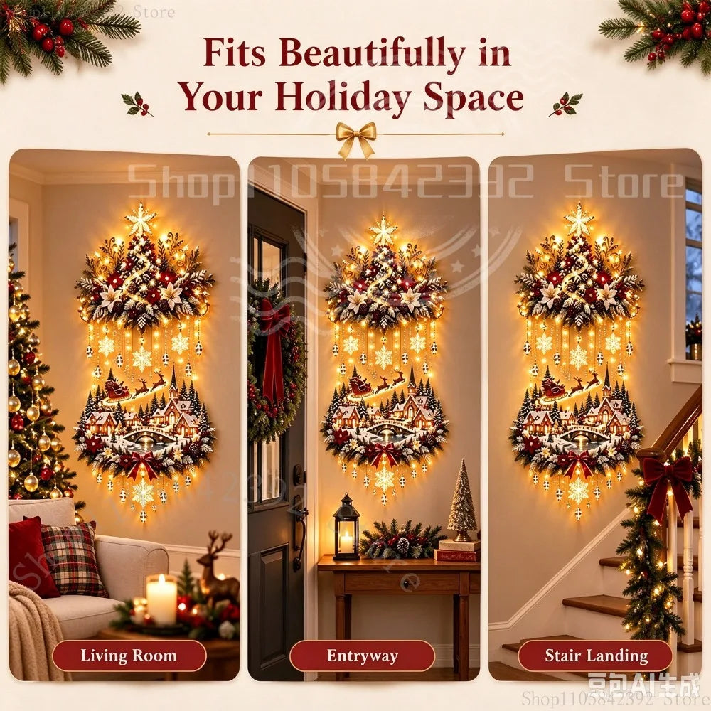 2026 Illuminated Christmas Tree & Village Wall Hanging Cascading Warm Lights,Tree and Village Scene | Warm Cascading Lights