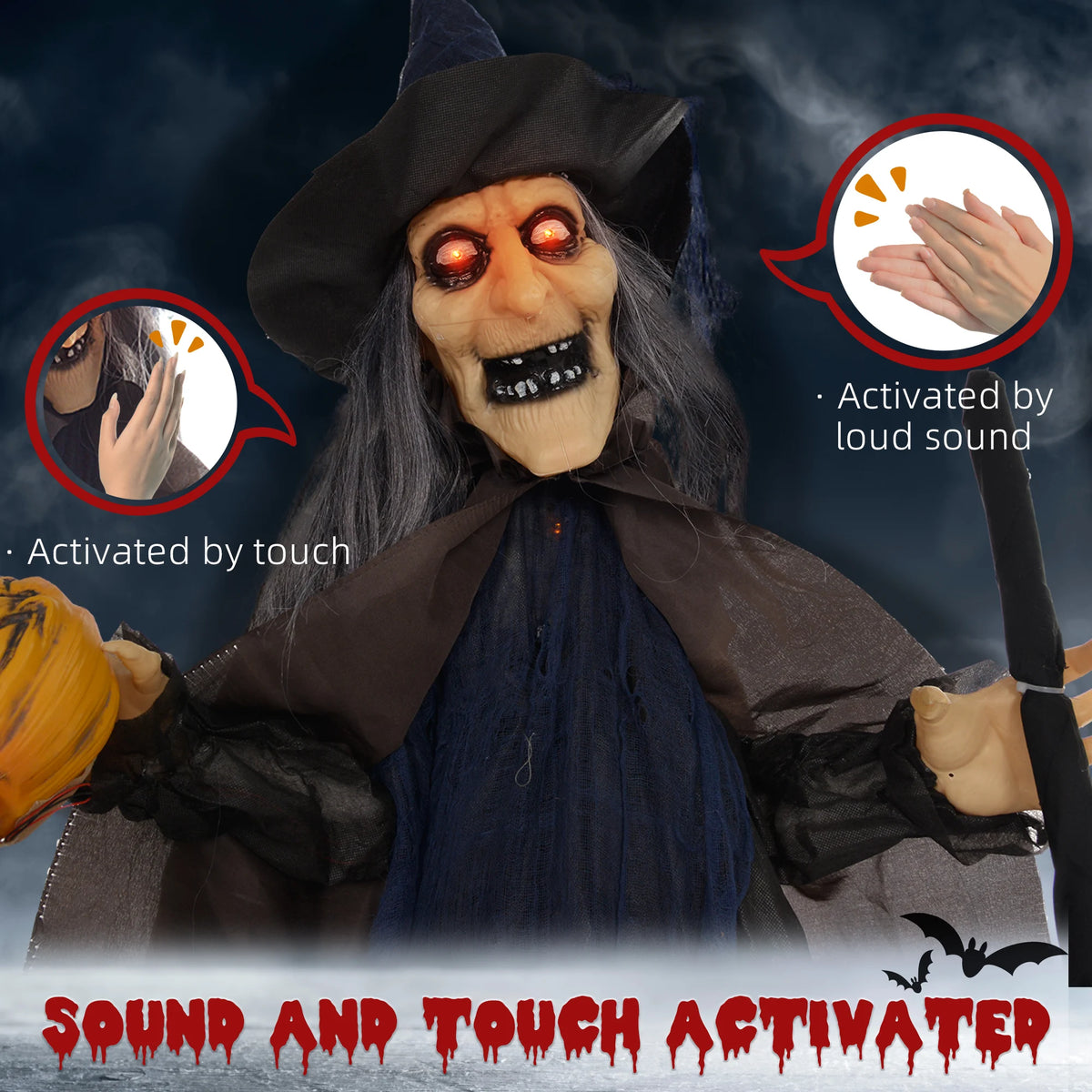 HOMCOM Animated Halloween Witch Prop with Light-Up Eyes – 107cm