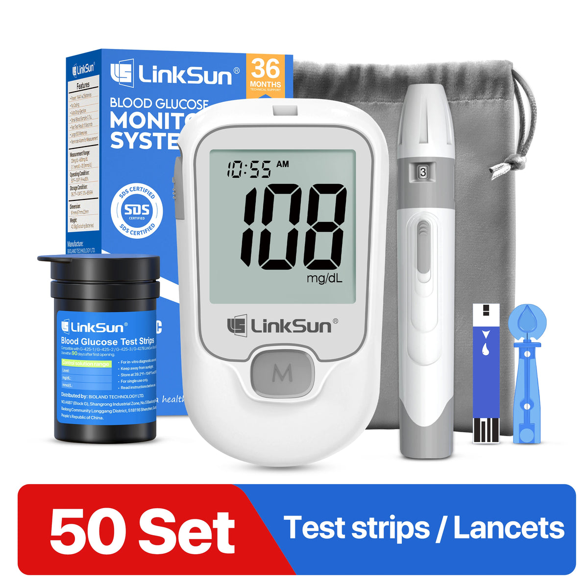 LinkSun G-425-1 Blood Glucose Meter Kit — 50 or 100 Strips