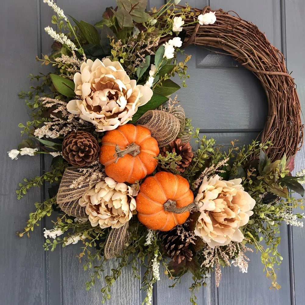 Autumn Door Wreath with Pumpkin Maple Leaf Eucalyptus Berries for Harvest Thanksgiving Season Wall Decor 45cm Orange