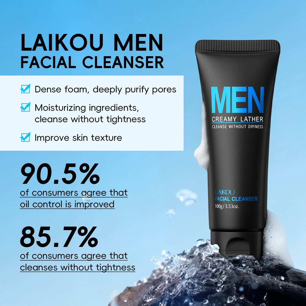 LAIKOU 3-Piece Men's Daily Skincare Kit - Cleanse Refresh Hydrate Essential Men's Beauty Routine Set