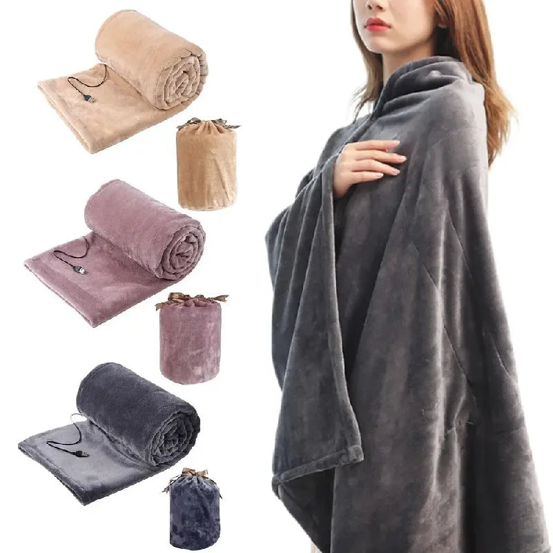 USB Heated Blanket With Storage Bag 160x85cm Coral Velvet Shawl Wearable Electric Blanket Winter Body Warmer for Home Office Car
