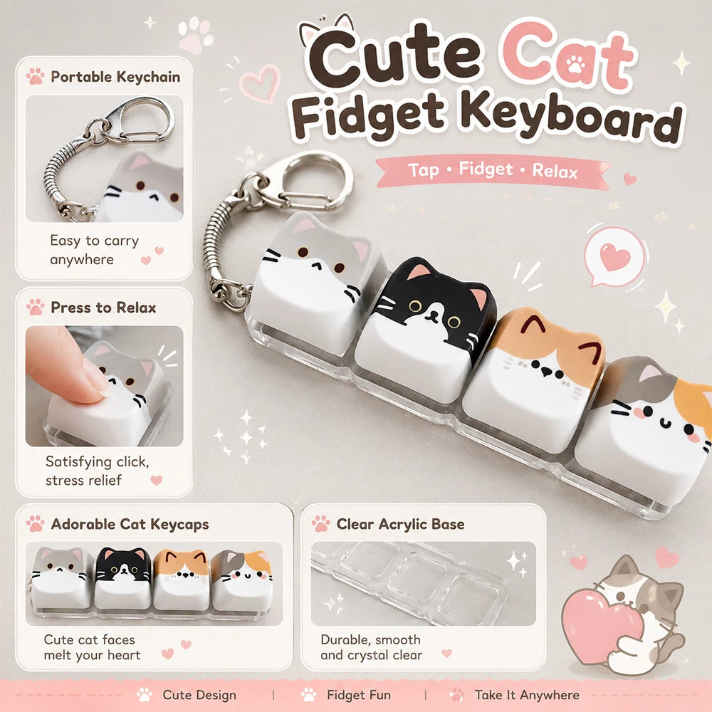 Cute Cat Relax Button Keycap, Kawaii Cat 4-Key Keyboard Fidget Toy for Friends Gift, Portable Fidget Keychain Fashion Bag Charm