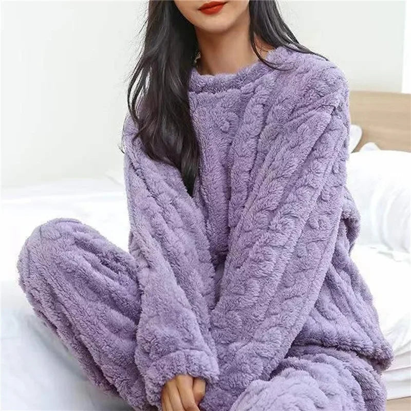 Women Coral Velvet Jacquard Pajama Set Soft Warm Winter Loungewear Comfortable Homewear for Christmas Valentine's Day Gift