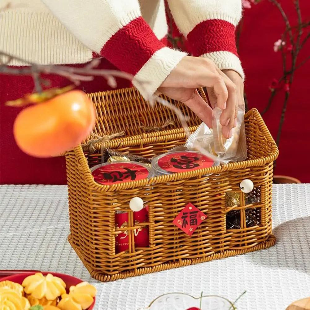 Rattan House Shaped Basket With Lid Decorative﻿ Handle With Harvest Basket Folding Woven Organizer Rattan House Shaped Basket