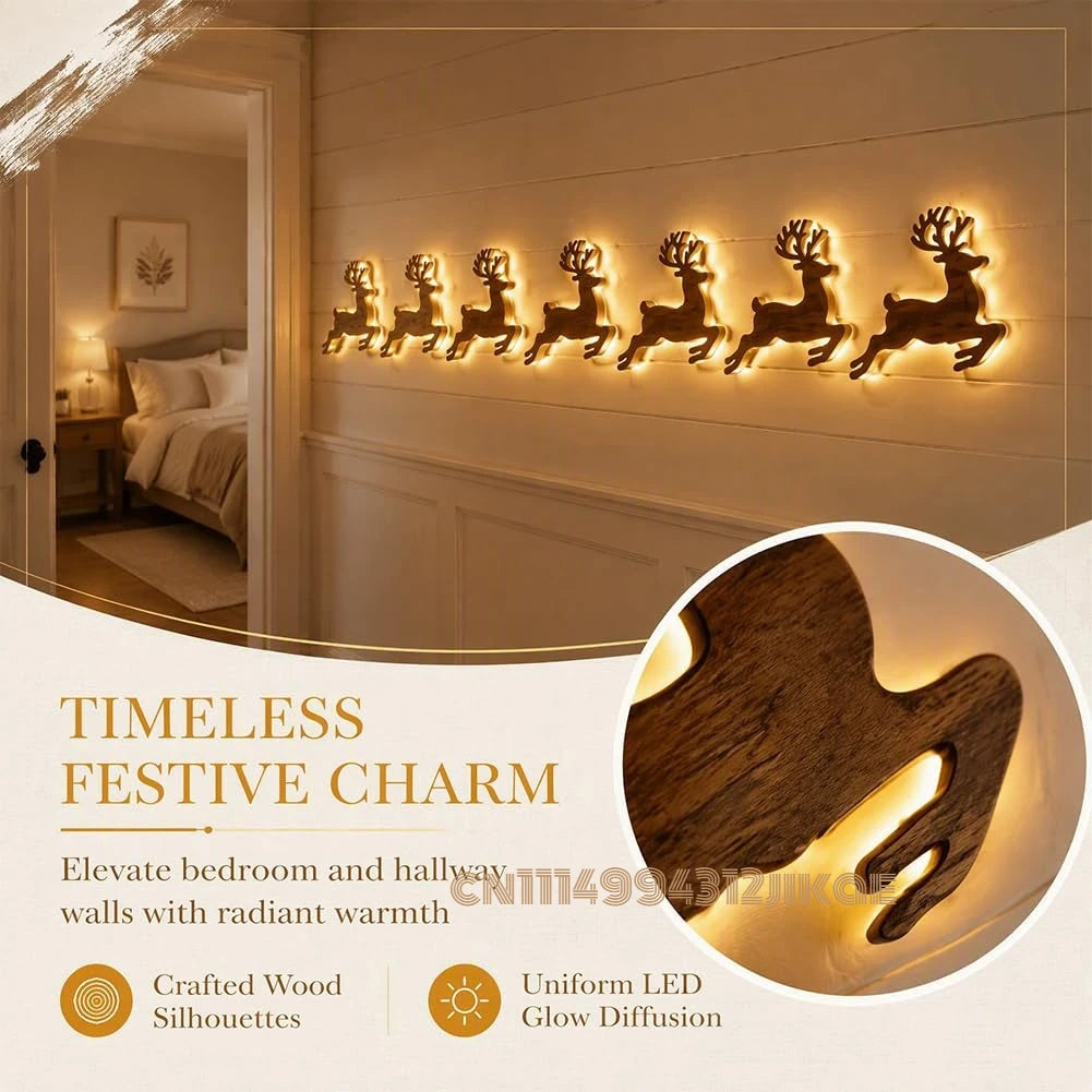 Lighted Santa Sleigh Reindeer Christmas Wall Decor Remote Set,Warm white glow, wooden cutout design, flexible layout