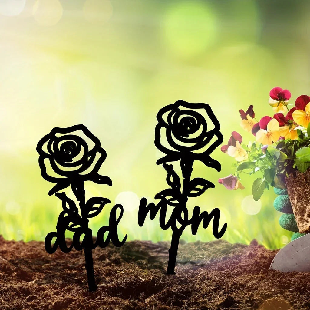 Rose Shaped Memorial Garden Stake, Grave Marker, Sympathy Yard Decor, Tinplate Iron, 8x8 Inch