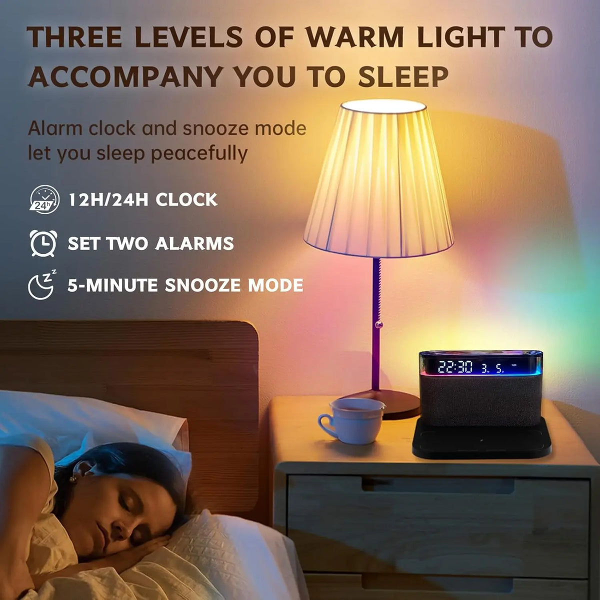 6-in-1 Bluetooth Alarm Clock – Wireless Charger, Speaker Night Light (3 Colors) for IPhone, Apple Watch, AirPods  iphone charger