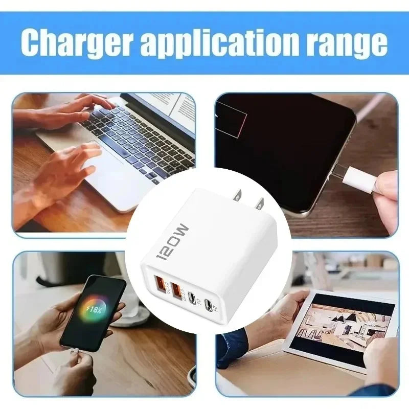 Fast Charging USB Type C Charger 120W 4 Port PD Quick Charge 3.0 For iPhone Samsung Xiaomi Huawei EU US UK Plug Phone Adapter