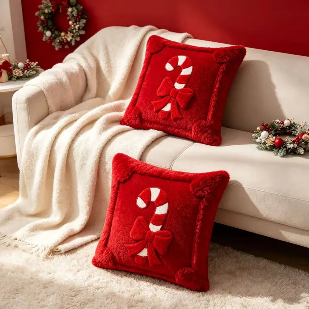 Christmas Pillow Cover Plush Soft Cushion Cover Candy Cane Pattern Decorative Throw Pillow Case Xmas Home Cozy Winter Sofa Decor