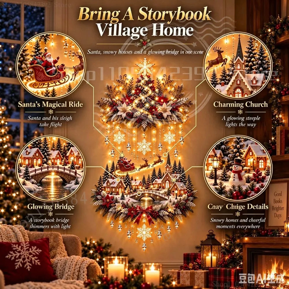2026 Illuminated Christmas Tree & Village Wall Hanging Cascading Warm Lights,Tree and Village Scene | Warm Cascading Lights